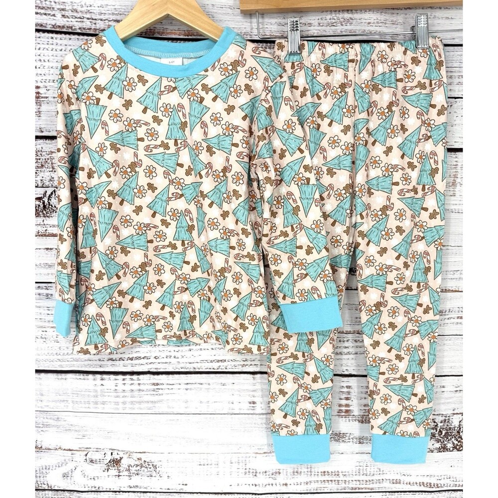 Boutique Girls Tree Holiday Christmas Neutral Pajama‎ Set Size 7-8 Blue